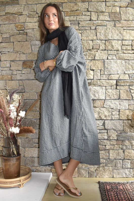 Arbi Gingham Artist Peasant Dress Black